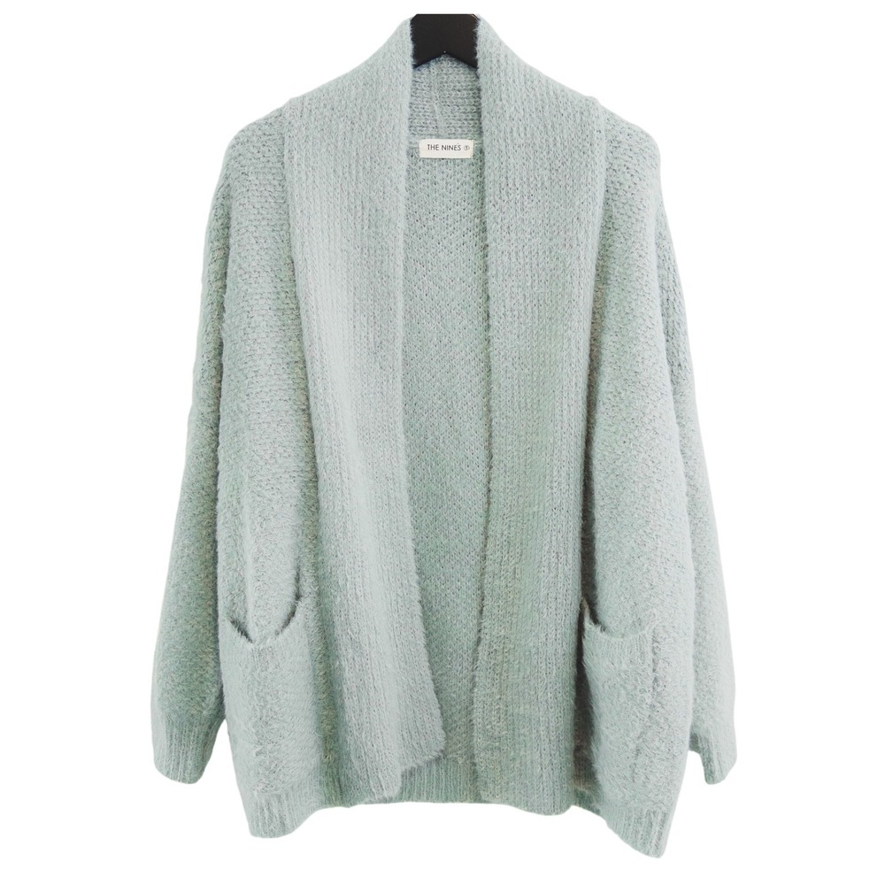 THE NINES Cardigan Women‎ S Muted Aqua Oversized Open Front Fuzzy Knit Sweater